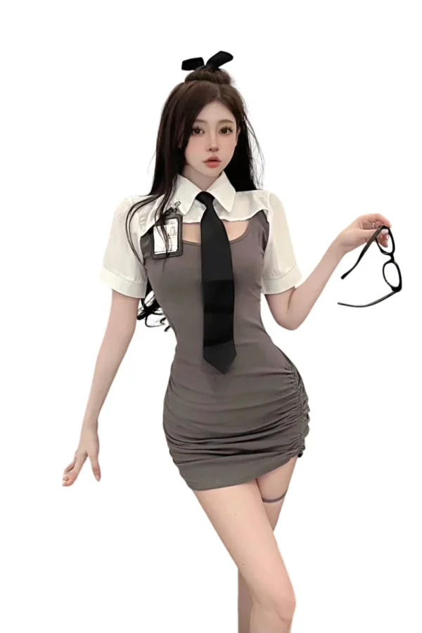A stylish grey flight attendant costume OEM featuring a fitted dress, tie, and ID badge.