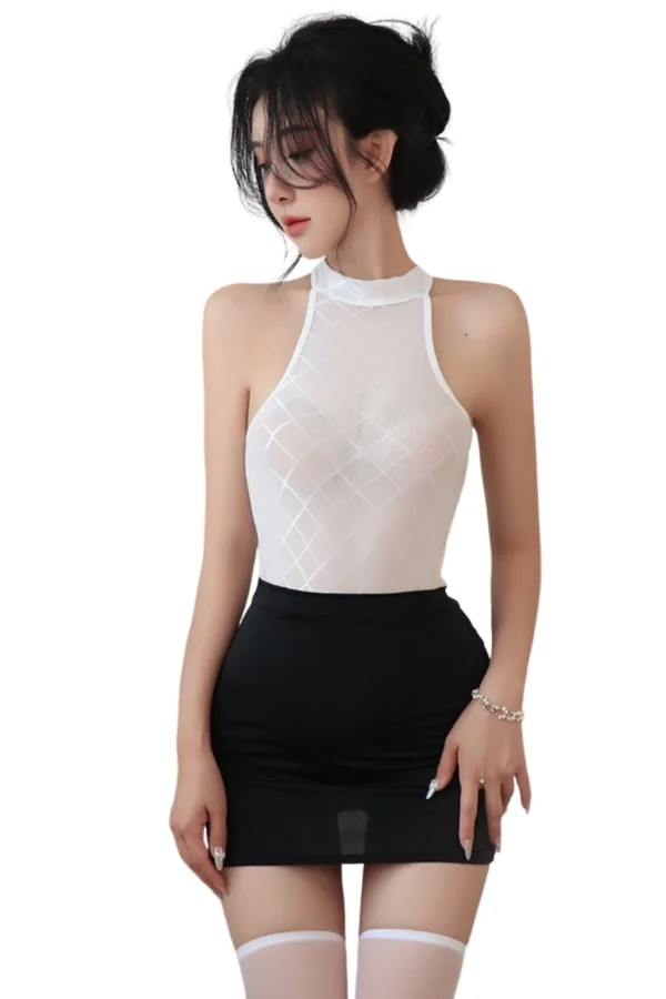 A sleek sexy secretary uniform wholesale outfit featuring a white high-neck grid top and a flattering black mini skirt.