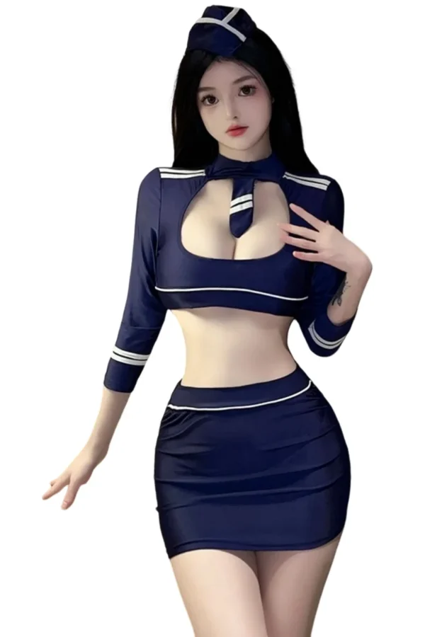 Professional B2B Flight Attendant Uniform Set - Supreme Lingerie A complete look at the B2B flight attendant uniform with a navy color scheme and elegant white detailing.