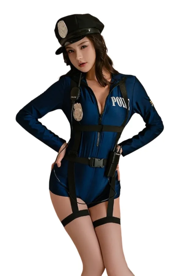 Sexy Cop Costume OEM - Full Body Shot - Supreme Lingerie Sexy cop costume OEM in navy blue, showcasing a sleek fit and detailed accessories.