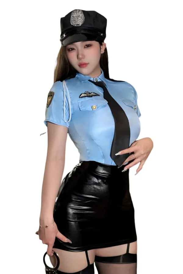 Front view of a custom cop costume women design in blue and black with shiny skirt.
