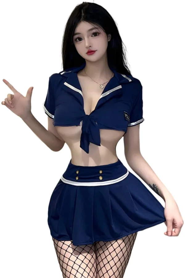 Tailored navy blue uniform, wholesale flight attendant style, highlighting a tie-front top and pleated skirt.
