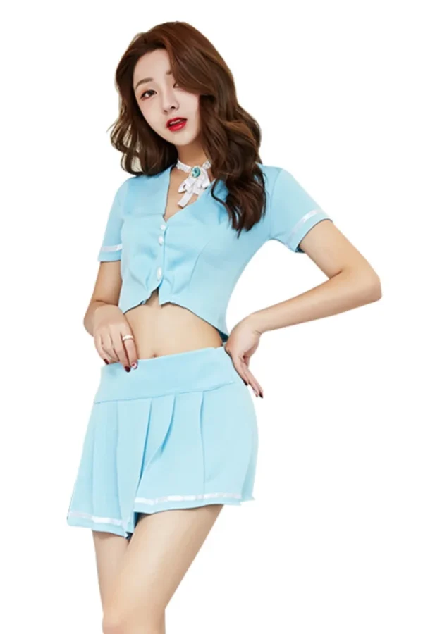 Front view of the trendy B2B flight attendant costume with a bow detail and polished look.
