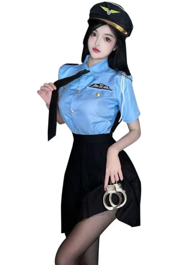 A wholesale women's cop costume model holding handcuffs, dressed in a blue shirt and black pleated skirt.