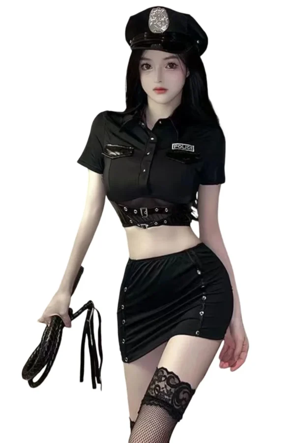Front view of a women's cop costume OEM featuring sleek black fabric, metallic accents, and a stylish hat.