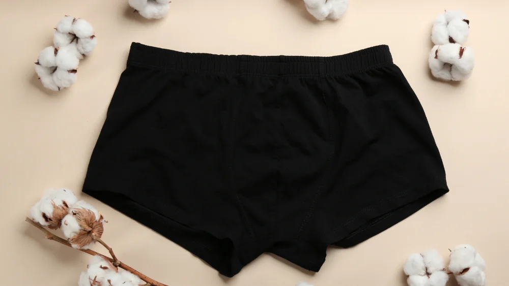 Lingerie Manufacturer’s Production Capacity in Organic Cotton Lingerie - Supreme Lingerie A pair of black cotton underwear surrounded by cotton flowers, illustrating a lingerie manufacturer’s production capacity in organic fabric use.